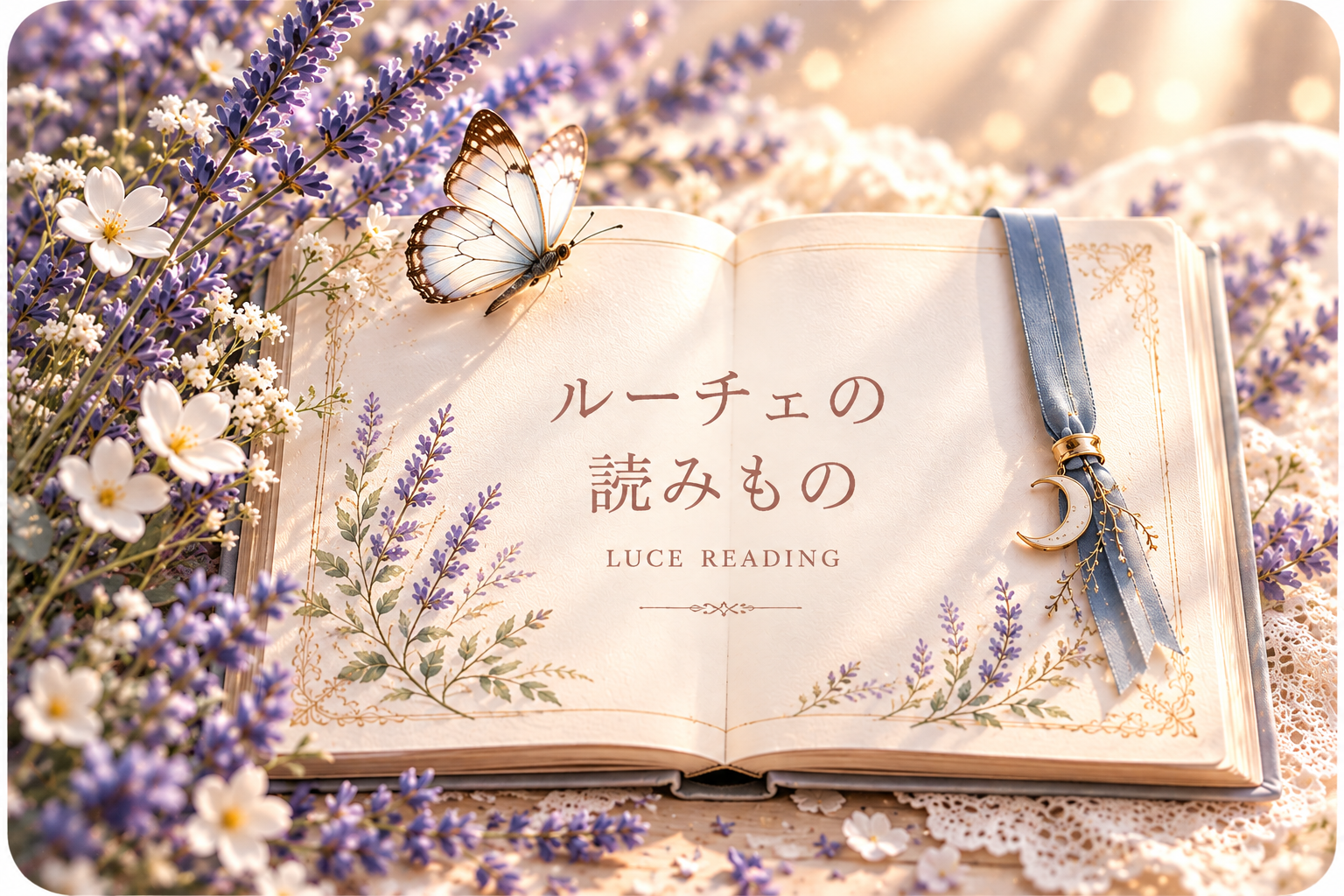 ラベンダーと蝶、青いしおりを添えた『読みもの・お知らせ』の本